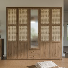 Szafa z lustrem i szufladami 220 cm GLENKEEN Dąb Valencia/Rattan naturalny GLKS952-Q249